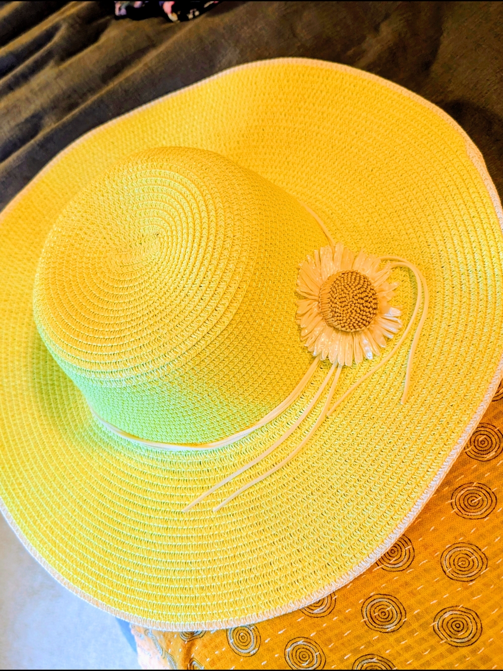 Yellow Wide-Brim Adjustable Paper Sun Hat with Flower Accent